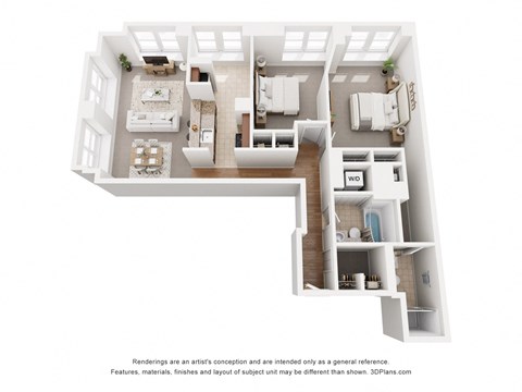 Floor plan for 2 beds, 2 baths, 1070 sqft
